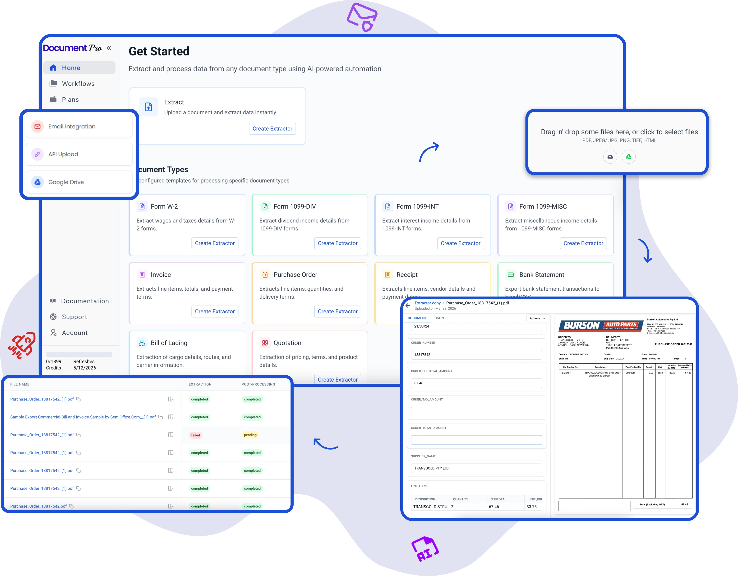 DocumentPro results dashboard — Python 3.11 upgrade, Stripe credit packs, multi-LLM AI extraction, and Terraform-based automated deployments.